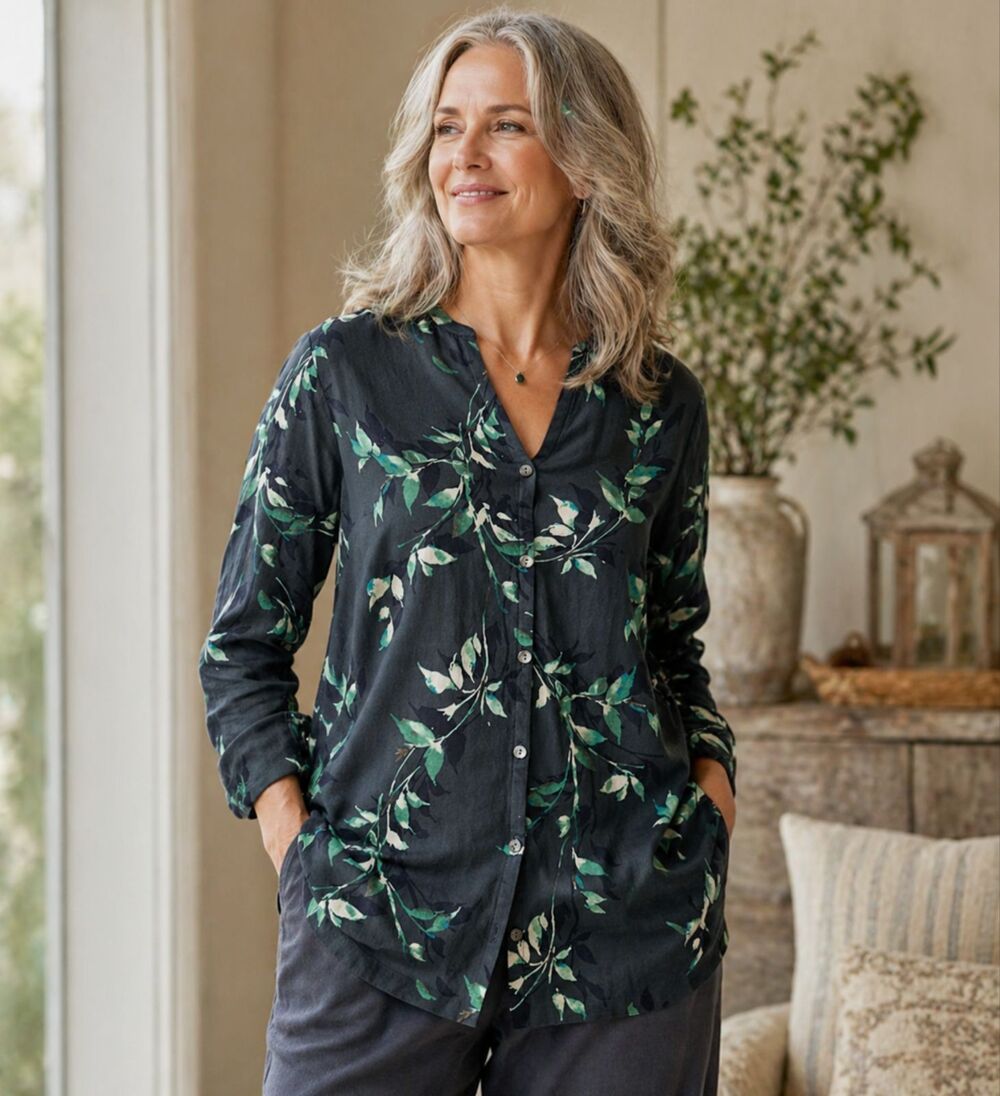 Pure Jill Leaf Print Tunic A Line Blouse Large Button V Neck Boho Floral Ecovero